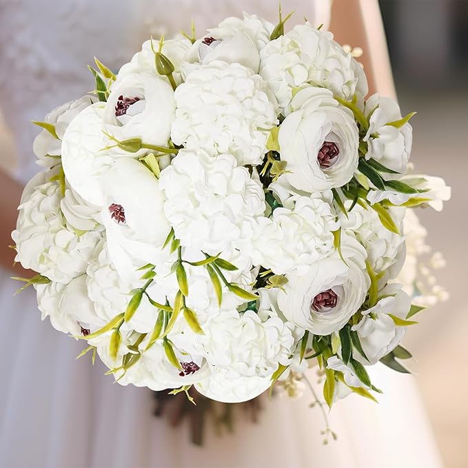 Zerzsy Artificial White Peony Flower Bouquet with Green Leaves Stem, Silk Flowers Bouquet Fake Peonies Flower Arrangements Vase Decorating for Centerpiece Table Wedding Party Home