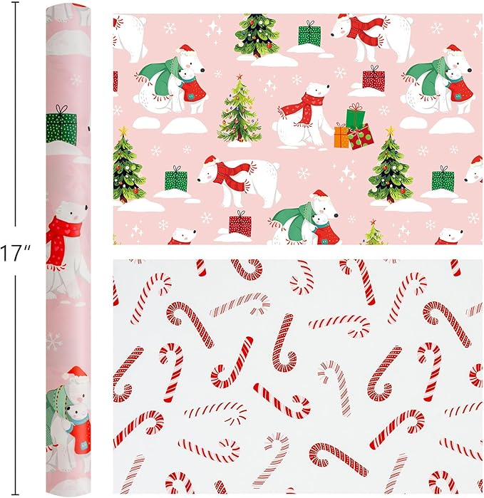 MAYPLUSS Christmas Wrapping Paper Roll - 17IN X 33FT - Pink Gift Wrap Paper Featuring Christmas Tree Polar Bear Scarf Hat Reversible Candy Cane for Kids, Holiday, New Year