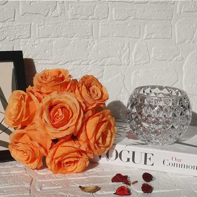 7 Large Stem Orange Rose Artificial Flowers in Vase, Silk Flowers Arrangement in Round Glass Vase Without Water for Home Decor, Wedding Table (Orange)