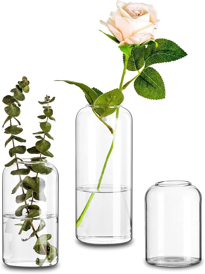 Glasseam Small Bud Vases for Flowers, Handmade Glass Vases for Centerpieces, Unique Flower Vase Set of 3, Cute Blown Clear Vases for Decor, Minimalist Centerpiece Table Wedding Decorations