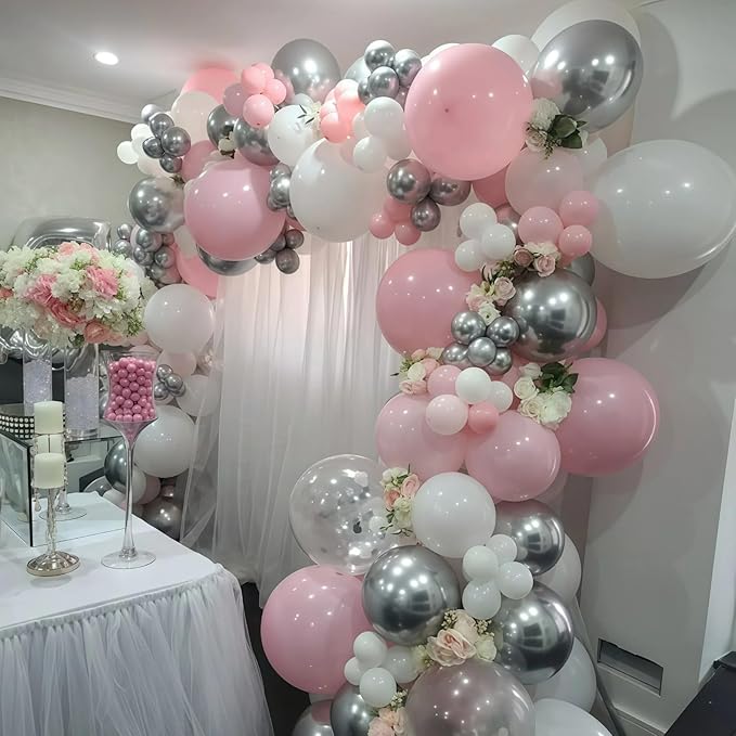 Pink Winter Wonderland Balloon Arch Garland Kit, Pink White Metallic Silver Balloons with Snowflake Star Foil Balloons for Winter Christmas Baby Its Cold Outside Baby Shower Birthday Party Decorations