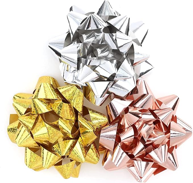 CHOIEO 15 Pcs Gift Bows Assortment, 4.5" Wide Bow for Christmas, Birthdays, Holiday, Presents, Wrapping Paper, Anniversaries, Baby Showers, Bridal Showers, Hanukkah (Rose Gold+Silver+Gold)