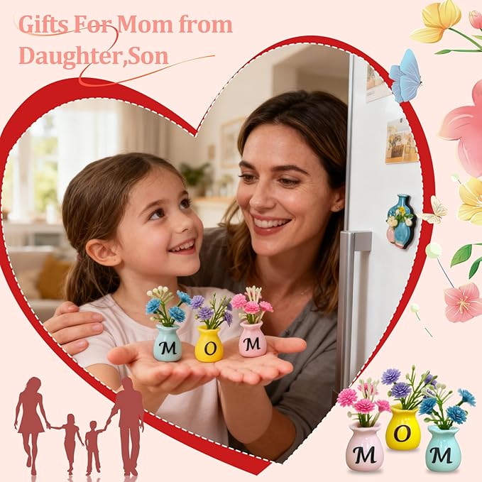 Mom Birthday Gifts Mini Vase Magnets for Fridge Cute Tiny Plant Refrigerator Magnets Ceramic Flower Vases with Artificial Flowers Mom Gifts from Daughter or Son Thanksgiving Christmas Mother’s Day