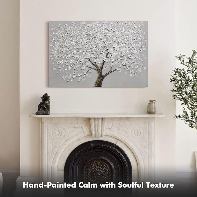 JUHOME Hand Painted White Floral Canvas Wall Art, 3D Textured Flower Oil Painting on Canvas, Neutral Colors for Bedroom, Living Room, Hallwa, Modern Home Decor,24x36