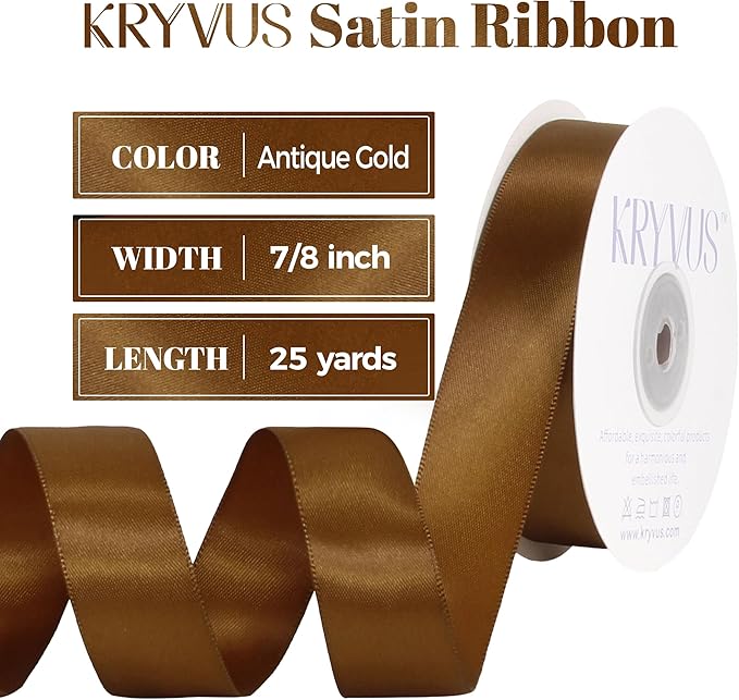 Antique Gold Satin Ribbon, Double Faced 7/8 Inch X 25 Yards Antique Gold Ribbon, Premium Satin Ribbons for Gift Wrapping, Crafts, Hair Bow Making, Sewing, Flower Bouquet, Wedding Party Decor