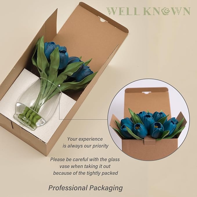 WELL KNOWN 12 Pcs Fake Tulips Artificial Flowers in Vase with Faux Water, Foam Tulip Flower Arrangement with Vase for Home Office Decor, Dining Table Wedding Centerpiece & Mom's Gift (Peacock Blue)