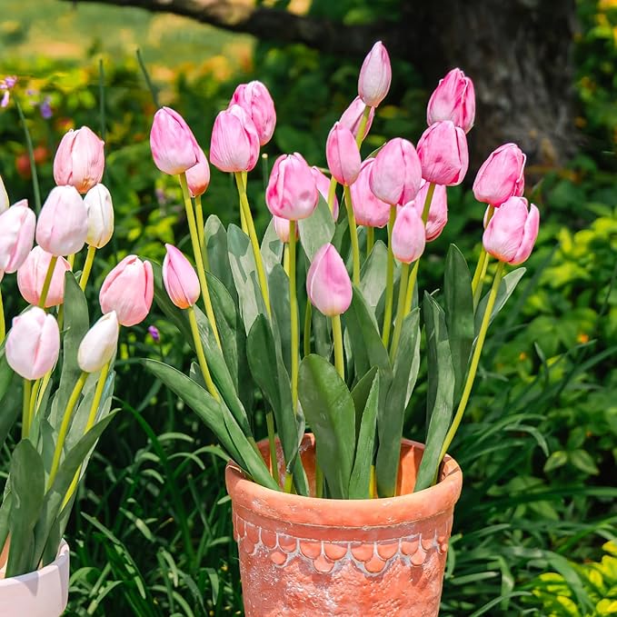 Real Touch Artificial Tulips, 20pcs Fake Tulip Flower Stem, PU Faux Tulip 19.7” for Mother's Day Easter Valentine's Gift, Home Decor Wedding, Table Centerpiece Floral Creation, Pinkish Purple