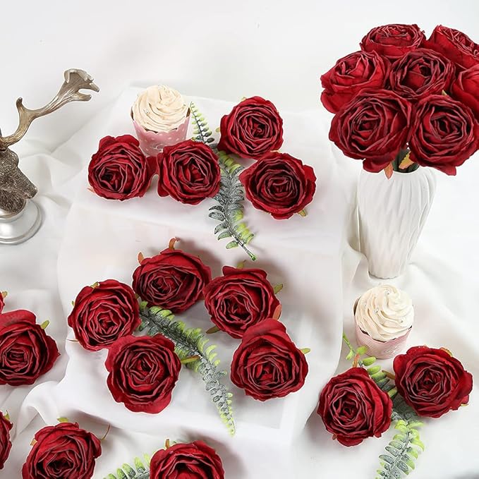 IPOPU Red Silk Roses 25pcs Flower Heads Bulk Artificial for Decoration Fake Dried Floral Bouquet for Wedding Bride Wall Flowers Decorations