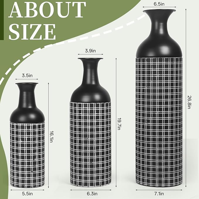 Tall Floor Vase Set of 3, Large Black Metal Vase with Minimalist White Lines & Detachable Vases Mouth, Big Modern Decorative Vases for Living Room,Hallway,Dining Rooms,Office,Kitchen.