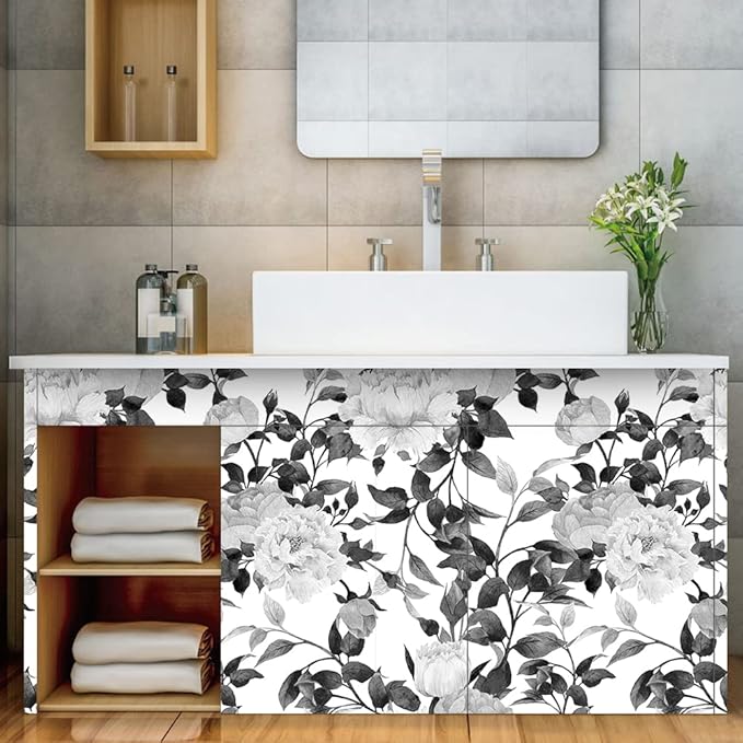 Floral Wallpaper Peel and Stick Black and White Wallpaper Self Adhesive Removable Vinyl Flower Contact Paper for Decorative Bedroom Home Wall (17.7"x236.2")
