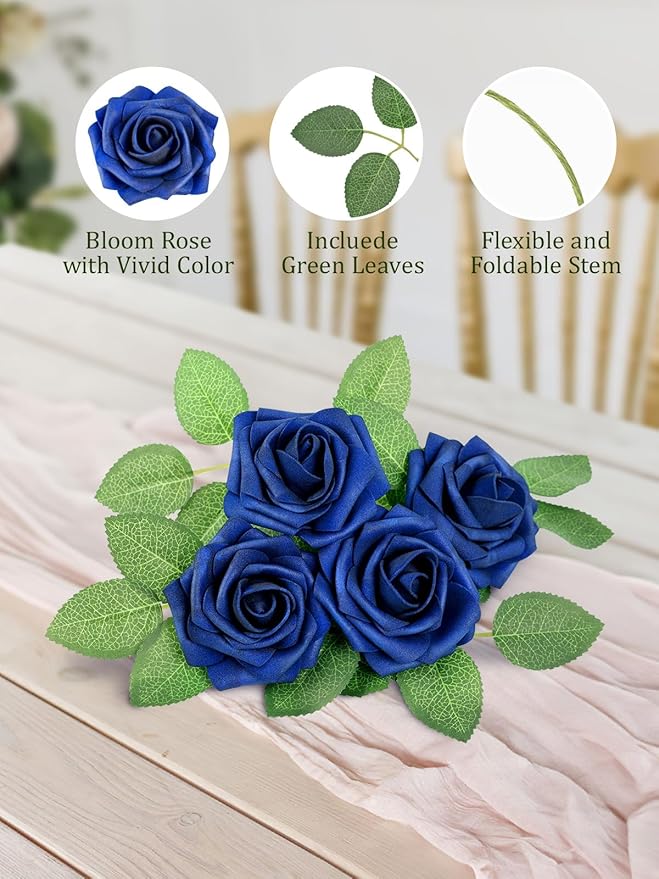 MACTING Artificial Flower Roses 30PCS Real Touch Fake Flowers with Stem Foam Roses for DIY Wedding Bouquets Backdrop Party Bridal Shower Spring Home Valentines Day Decorations,Dark Royal Blue