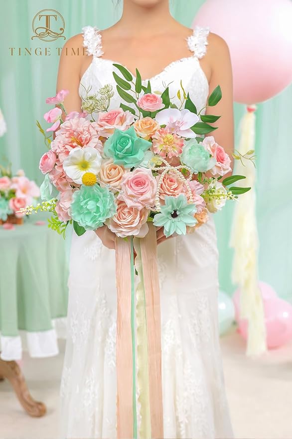 TINGE TIME 13 Inch Wedding Bouquets for Bride,Bridal Bouquet for Bride, Artificial Silk Flowers for Wedding Ceremony and Anniversary (Mint Green & Pink)