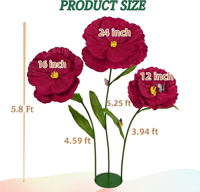 5.8 Ft Giant Artificial Flowers,Large Paper Flower,Huge Poppy Flowers Decoration for Wedding,Hotel,Office,Window Display and Home Farmhouse Decor(Wine)