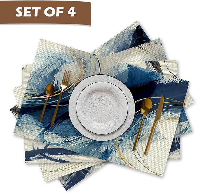 Navy Blue and White Placemats Set of 4, Modern Abstract Contemporary Placemats Table Mats Place Mats for Kitchen Dining Table Winter Holiday Party Decoration 16.9x11.4 Inch