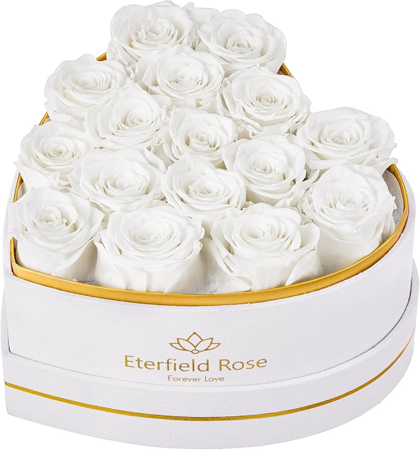 Eterfield 16 Forever Flowers in Heart Shape Box, Preserved Roses That Last a Year Preserved Flowers Birthday Gifts for Her Mom Women Wife Anniversary Valentines Day Mothers Day Christmas, White