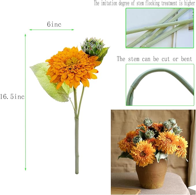 Kimura's Cabin 5Pcs Fake Sunflowers Flowers Long Stems Faux Sunflower Flowers Artificial Silk Bouquet for Wedding Autumn Home Garden Birthday Party Kitchen Table Decor (Orange Yellow)