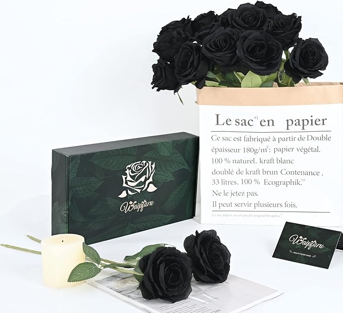 Waipfaru 8 Pcs Artificial Flowers Fake Silk Black Roses Bulk, Faux Real Touch Roses Bouquet with Long Stem for Wedding Party Home Decor (Black)