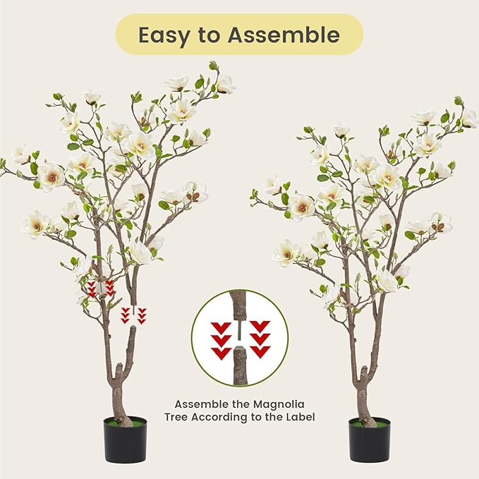 Artificial Magnolia Tree, 4.9 ft Tall Fake Indoor Tree, Faux Magnolia Tree is Realistic Real Touch Leaves and Flowers Perfect for Home Decor, Living Room, Floor and Wedding(White)