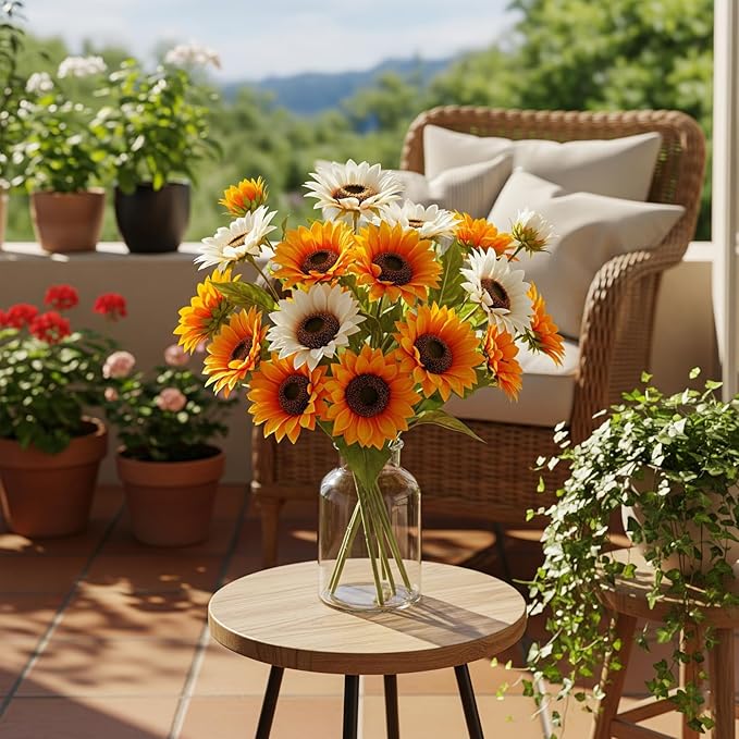 10 Pack Sunflowers Artificial Flowers - Realistic Fake Sunflowers for Home Decor, UV Resistant Silk Flowers for Wedding Centerpieces Farmhouse Office Outdoor Decoration (5 Orange & 5 White)