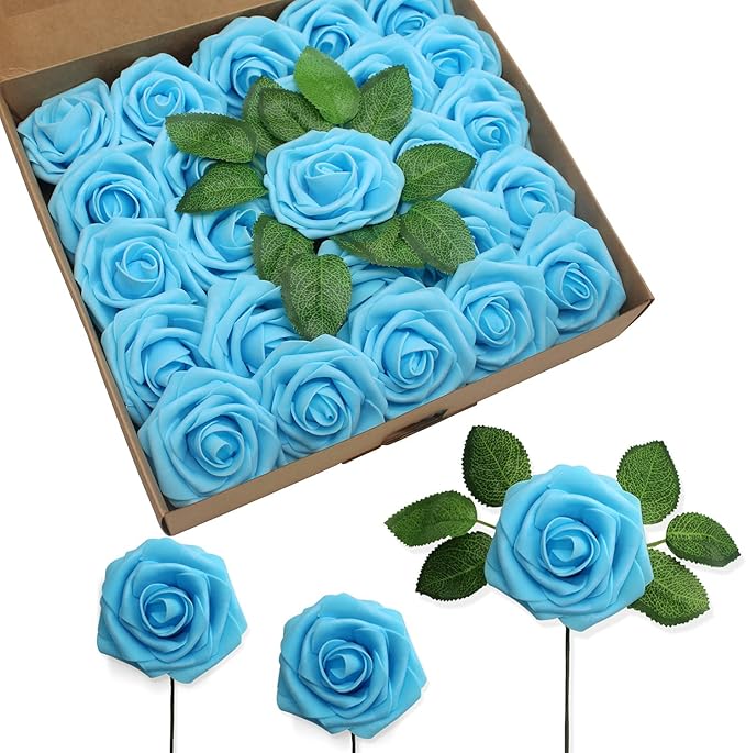 JOYLEX Artificial Flowers Realistic Roses, 25pcs Light Blue Real Looking Fake Roses with Stem for DIY Wedding Bouquets Centerpieces Bridal Shower Party Home Romantic Decorations (25pcs, Light Blue)
