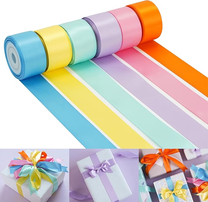 HUIHUANG Pastel Rainbow Ribbon Colored Satin Ribbon Assortment 1 inch Pastel Rainbow Ribbons for Crafts Easter Day Gift Basket Gift Wrap Birthday Baby Shower Party Decor DIY Hair Bows -Total 30 Yards