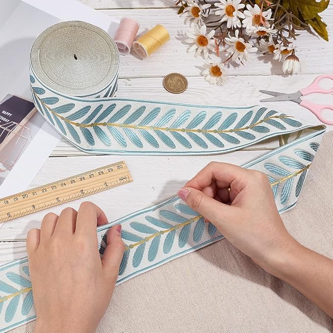 OLYCRAFT 10.9 Yards Jacquard Ribbon Trim 2.4 Inch Leaf Pattern Jacquard Polyester Ribbons Blue Leaf Jacquards Woven Embroidery Trim for DIY Sewing Crafts Handmade Bag Belts Clothing Decoration