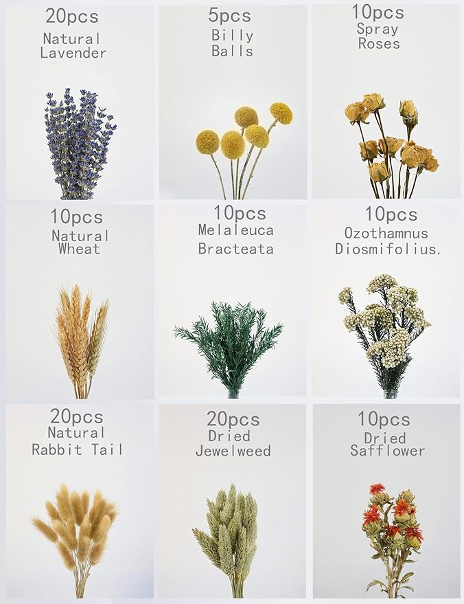 DIY Natural Dried Flower Set, Bulk Dried Flowers for Vase, Dried Flowers with Stems, Dried Roses, Mini Dried Flower Bouquets.(Brown)