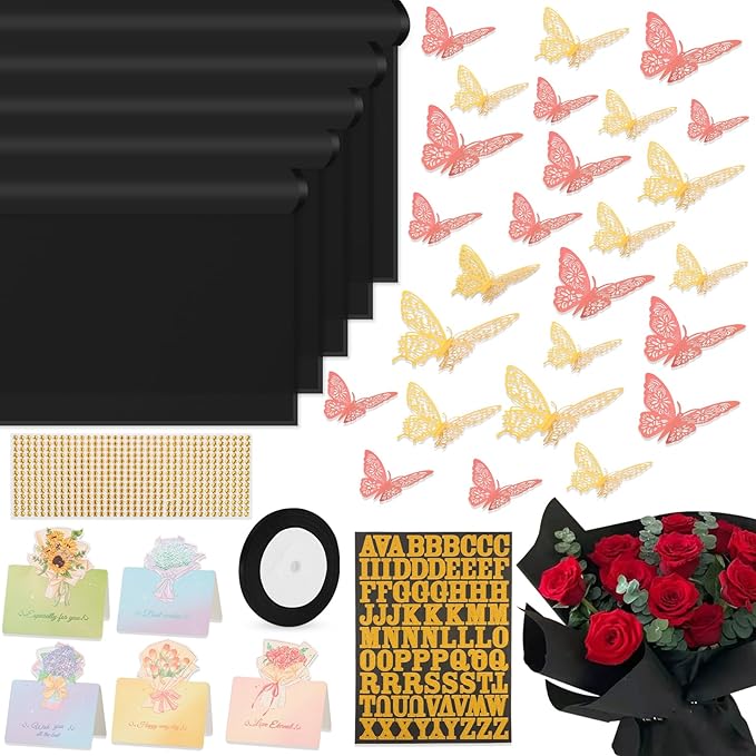 52Pcs Flower Bouquet Wrapping Paper Accessories Kit, 20 Sheets Black Waterproof Floral Wrapping Paper, 12 Gold 12 Pink Butterflies, 5 Cards, 1 Black Ribbon, 1 Letter 1 Rhinestone Sticker (Black Edge)