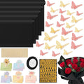 52Pcs Flower Bouquet Wrapping Paper Accessories Kit, 20 Sheets Black Waterproof Floral Wrapping Paper, 12 Gold 12 Pink Butterflies, 5 Cards, 1 Black Ribbon, 1 Letter 1 Rhinestone Sticker (Black Edge)