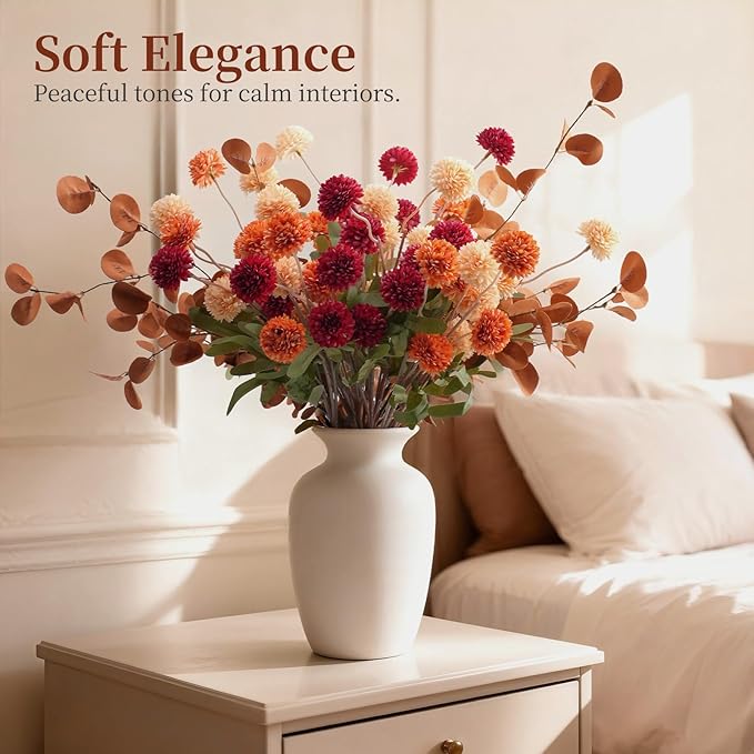 Real-Touch Faux Silk Mums Bouquet, Bendable Long Stems, Full & Realistic Artificial Flower Arrangement for Vase, Table, Wedding & Wreath Décor, Beige(No Vase) (Mixed Orange)