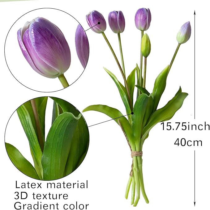 15pcs Artificial Tulips Flowers, Real Touch Latex Bouquet, Fake Tulips for Office Wedding Party Home Kitchen Garden Decoration-B Amethyst