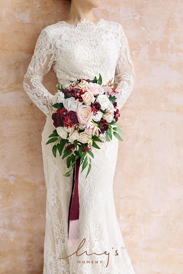 Ling's moment Burgundy Bridal Bouquet for Bride, 13 Inch Romantic Marsala Wedding Bouquets for Bride, Silk Round Artificial Wedding Flowers Bouquets