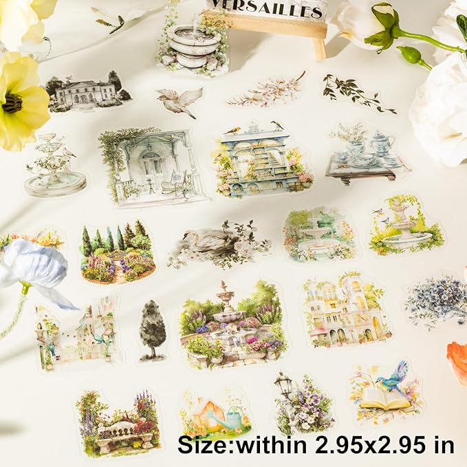 150Pcs Garden Theme PET Sticker Set, Floral Landscape Scrapbook Supplies for Journaling, Junk Journal, DIY Crafts, and Decorative Projects