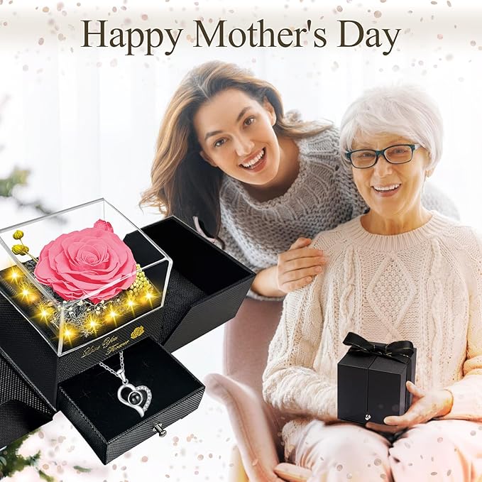 Preserved Real Rose-Eternal Flowers Rose Mothers Day for Mom Women Her Wife Girlfriend on Birthday Valentines with I Love You Necklace 100 Languages Romantic Gift (Pink)