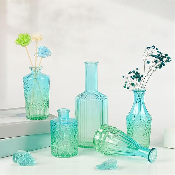 5Pieces Embossing Glass Vases Set Gradients Small Flower Buds Vases for Home Decors and Centerpieces Floral Arrangements