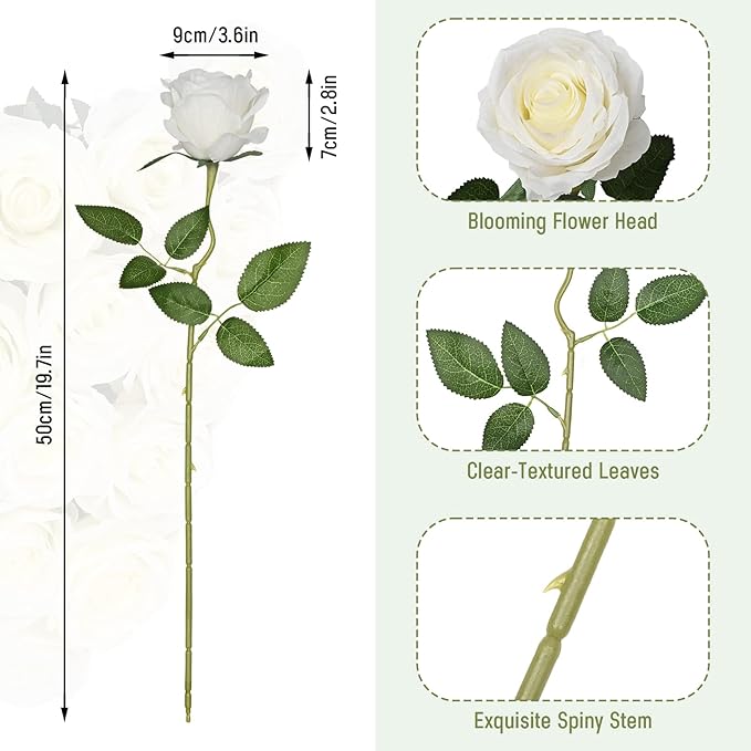 Waipfaru 16 Pcs Artificial Flowers Fake Silk White Roses Bulk, Faux Real Touch Roses Bouquet with Long Stem for Wedding Party Home Decor (White)