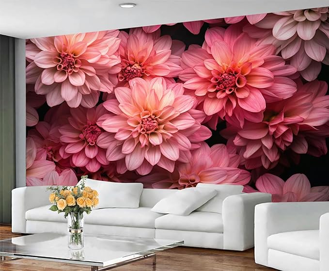Pink Dahlia Floral Wall Mural, Blush Pink Dahlia 3D Wall Murals, Romantic Floral Wallpaper Mural, for Living Room Bedroom Large Wallpaper Indoor Decor 59" W x39.4 H