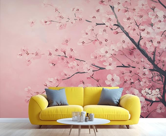 Pink Cherry Blossom Wall Mural, Romantic Cherry Blossom 3D Wall Murals, Japanese Flower Wallpaper Mural, for Living Room Bedroom Large Wallpaper Indoor Decor 98.4" W x68.9 H