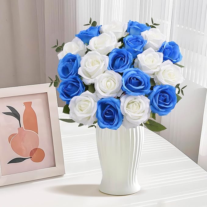 20PCS Artificial Roses with Long Stems - Realistic Silk Flowers, Fake Roses Real Touch Bouquet Roses for Home Decor, Bridal Wedding Table Centerpieces, Faux Rose Flowers (White&Royal Blue)