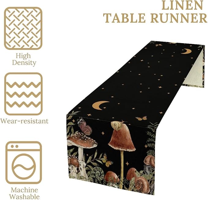 Retro Mushroom Table Runner, Boho Night Plants Leaves Moon Star Botanical Snail Butterfly Print Table Runner for Home Kitchen Dining Table Decor, 13x120inch