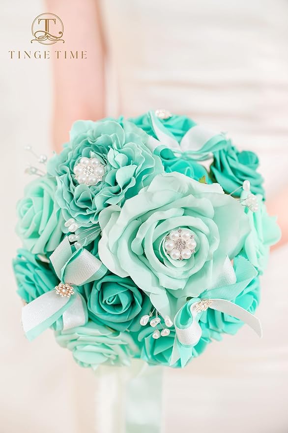 TINGE TIME Bridesmaid Bouquets for Wedding Set of 6 Teal Blue 7 Inch Wedding Bouquets Artificial Silk Flowers Bridal Bouquets for Bridesmaids, Wedding Decor, Anniversary