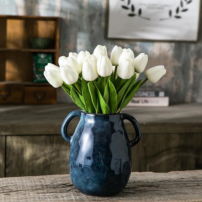 20pcs White Artificial Tulip Flowers, Silk Fake Flowers 13" for Mother's Day, Easter, Valentine’s Day Gifts in Bulk, Home, Kitchen, Wedding Decorations