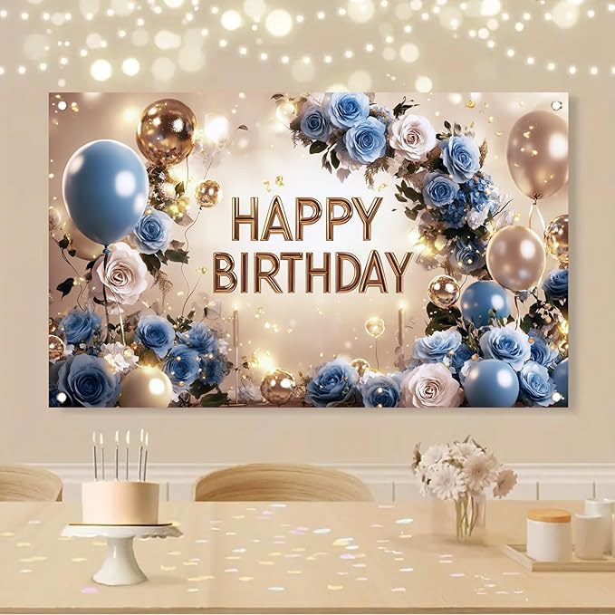 Blue and Gold Happy Birthday Backdrop Banner Elegant Floral Balloon Photography Background Birthday Party Decorations Glittering Rose Blue Gold Balloons Banner Supplies 71x43 Inch