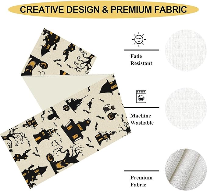 Halloween Table Runner, Retro Gothic Spoonky House Day of Death Mysterious Halloween Coffee Table Center Decor for Home Kitchen Dining Patio Holiday Party Table Decorations 13x90 inches
