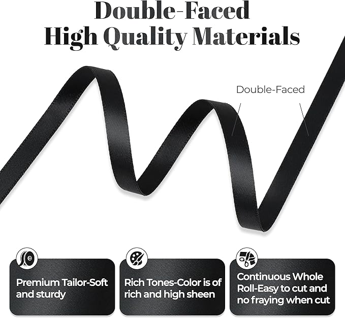 Black Satin Ribbon, Double Faced 1/4 Inch X 25 Yards Black Ribbon, Premium Satin Ribbon for Gift Wrapping, Crafts, Hair Bow Making, Sewing, Flower Bouquet, Wedding Party Decor