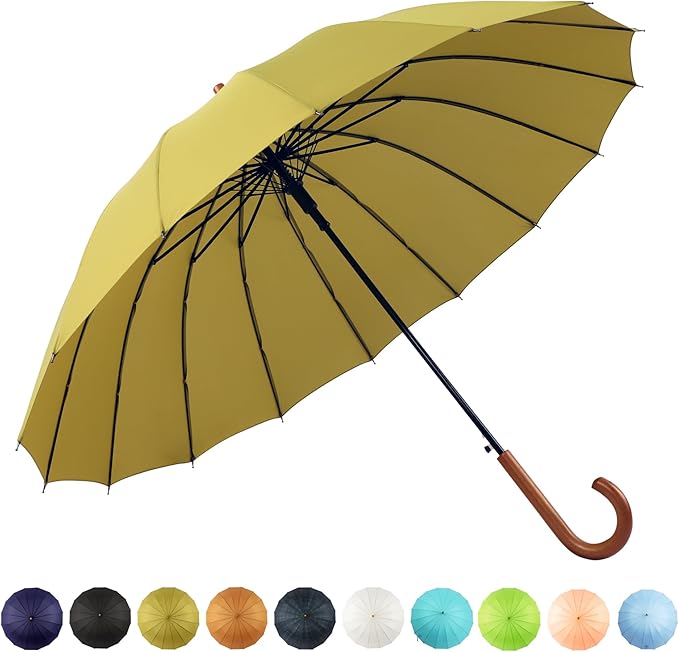 SoulRain 16 Ribs 48" Stick Umbrella Auto Open Solid Color Fashionable and Simple，Arc Classic Wood Handle，Windproof Unbreakable Stick Rain Umbrella