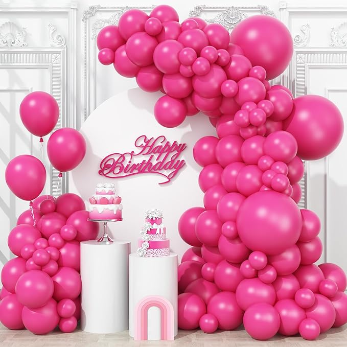 Hot Pink Balloons Different Sizes, 123 Packs Matte Magenta Balloons, Pack of 18 12 10 5 Inch Pink Balloons Garland Arch Kit for Valentine's Day Birthday Wedding Princess Theme Decorations
