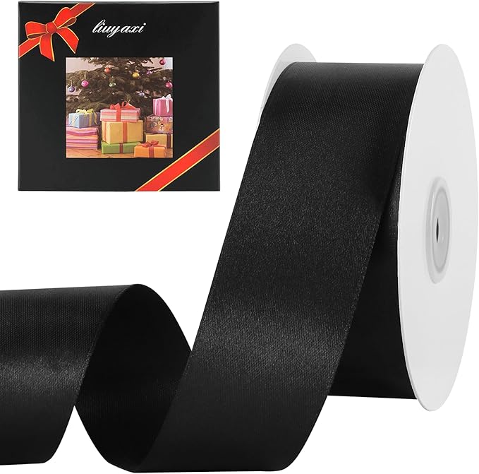 LIUYAXI 1-1/2 Inches 50 Yards Black Satin Ribbon, Solid Fabric Ribbon Roll for Flower Bouquets, Gift Wrapping, Wedding, Handmade Crafts