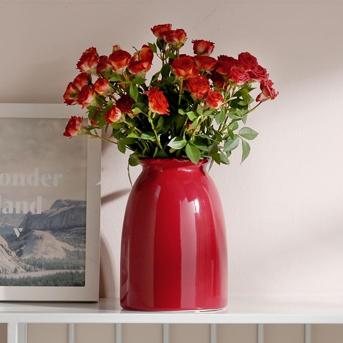 hjn Red Flower Vase- Ceramic Vase for Decor, White vase for Flowers, Modern Vases for Living Room/Home Decor Accents/Entryway/Mantel/Bookshel-Red