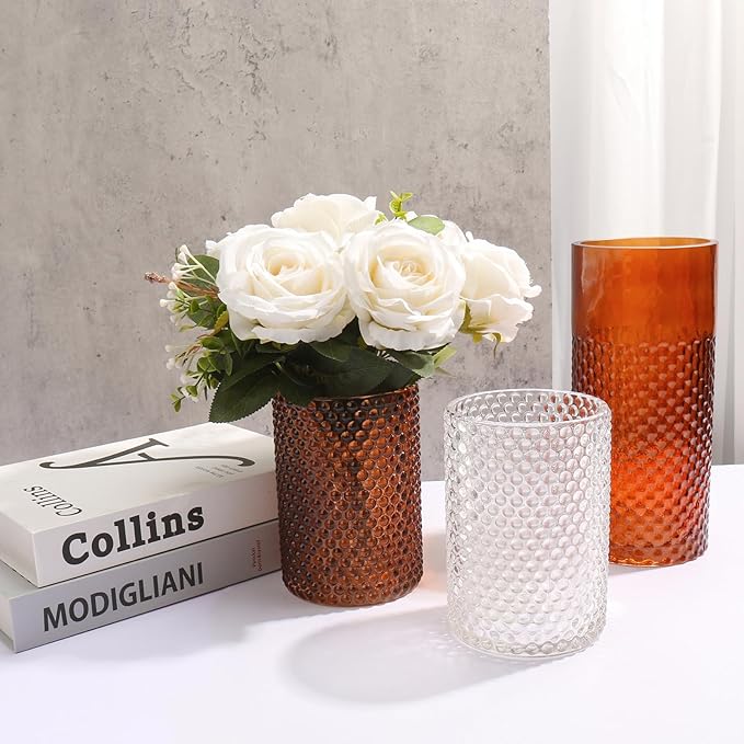 Amber Glass Cylinder Vase for Flowers, 8.7" x 4" Thickened Votive Candle Holder Modern Hydroponic Ornament for Home Living Room Wedding Centerpieces Office Table Decor